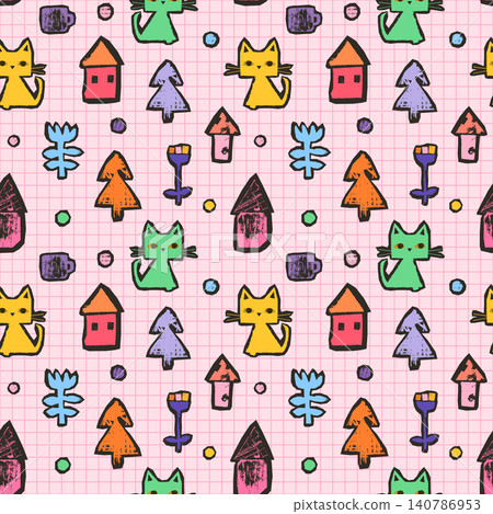 Colorful vector seamless pattern with naive childish drawings of cats, houses and flowersin bright vibrant colors for kids clothing and nursery textiles Colorful vector seamless pattern with naive childish drawings of cats, houses and flowersin bright vibrant colors for kids clothing and nursery textiles 140786953