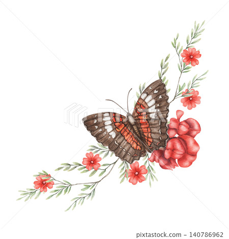 Watercolor Scarlet Peacock butterfly and red snapdragon flowers composition. Hand drawn flying insect with vibrant plant illustration. Floral design for wedding invitation card or greeting poster art. Watercolor Scarlet Peacock butterfly and red snapdragon flowers composition. Hand drawn flying insect with vibrant plant illustration. Floral design for wedding invitation card or greeting poster art. 140786962