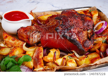 Baked pork knuckle, with potato slices, on a tray, with red sauce, homemade, no people, Baked pork knuckle, with potato slices, on a tray, with red sauce, homemade, no people, 140787228