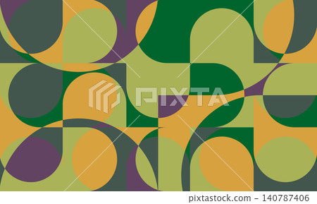 Abstract geometric mosaic with overlapping circles, arcs, blocks, and bold retro colors in green, olive, orange, purple, and slate, creating dynamic modern background composition Abstract geometric mosaic with overlapping circles, arcs, blocks, and bold retro colors in green, olive, orange, purple, and slate, creating dynamic modern background composition 140787406