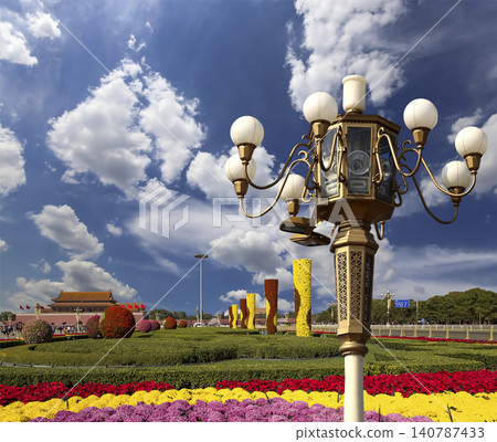 Street lamp on Tiananmen Square in Beijing, China (against the background of a beautiful sky with clouds) Street lamp on Tiananmen Square in Beijing, China (against the background of a beautiful sky with clouds) 140787433