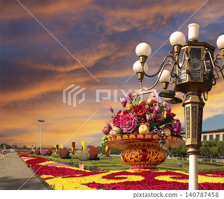 Street lamp and huge flower basket (against the sunset) in Tiananmen square, Beijing, China Street lamp and huge flower basket (against the sunset) in Tiananmen square, Beijing, China 140787458