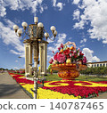 Street lamp and huge flower basket (against the background of a beautiful sky with clouds) in Tiananmen square, Beijing, China 140787465
