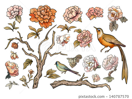Chinoiserie set of floral and bird elements with branches, Chinoiserie set of floral and bird elements with branches, 140787570