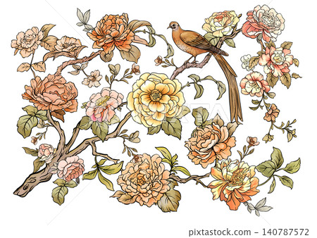 Chinoiserie set of floral and bird elements with branches, Chinoiserie set of floral and bird elements with branches, 140787572
