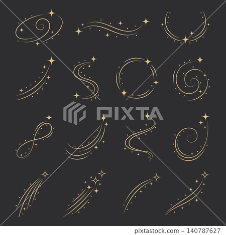 Gold Celestial Sparkle Trail Vector Set on Dark Background, Luxury Magic Swirl Elements with Twinkle Stars and Dust, Elegant Decorative Curves for Invitation, Logo and Graphic Design Gold Celestial Sparkle Trail Vector Set on Dark Background, Luxury Magic Swirl Elements with Twinkle Stars and Dust, Elegant Decorative Curves for Invitation, Logo and Graphic Design 140787627