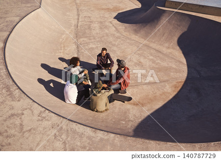 Sunshine, skate park and friends with conversation, relax and communication with weekend break or group. People, outdoor or skaters with summer or recreation with diversity or support with discussion Sunshine, skate park and friends with conversation, relax and communication with weekend break or group. People, outdoor or skaters with summer or recreation with diversity or support with discussion 140787729