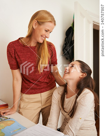 Study, happy and mother help daughter with smile for child, growth and development with education. Parent, woman and mom with support for girl, book and map on table for geography homework Study, happy and mother help daughter with smile for child, growth and development with education. Parent, woman and mom with support for girl, book and map on table for geography homework 140787807