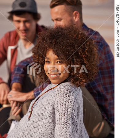 Portrait, skate park and woman with friends, smile and sunshine with weekend break and bonding together. Face, people and group with planning and relaxing with conversation and vacation with team Portrait, skate park and woman with friends, smile and sunshine with weekend break and bonding together. Face, people and group with planning and relaxing with conversation and vacation with team 140787988
