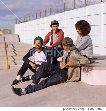 Skate park, diversity and group with conversation, sunshine and relaxing after training for competition. Multiracial, friends and team on a break, summer and bonding together with skaters in a park Skate park, diversity and group with conversation, sunshine and relaxing after training for competition. Multiracial, friends and team on a break, summer and bonding together with skaters in a park 140788066