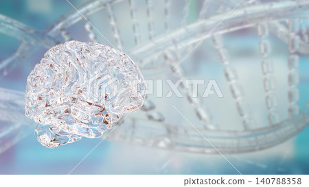 Transparent Brain with DNA Helix Technology Background 3d render. Transparent Brain with DNA Helix Technology Background 3d render. 140788358