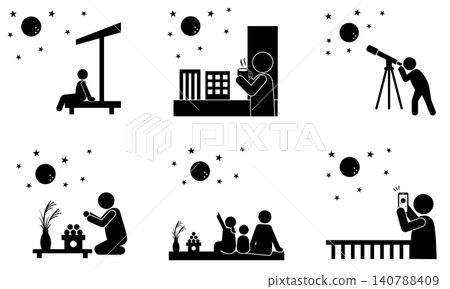 一組描繪人們賞月場景的剪影圖示。 一組描繪人們賞月場景的剪影圖示。 140788409