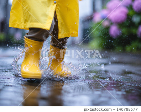 Rain boots and raincoats for children playing in puddles on a rainy day 140788577