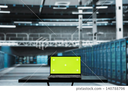 Green screen laptop in a data center supports backend troubleshooting, screen replacement, and editable monitoring workflows. Green screen laptop in a data center supports backend troubleshooting, screen replacement, and editable monitoring workflows. 140788706