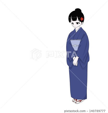 一位穿著和服的女子雙手合十站立，準備為顧客服務。 140789777