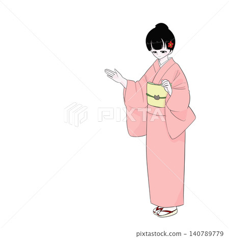 身穿和服的女子謙遜地點頭示意,給人熱情好客的印象。 身穿和服的女子謙遜地點頭示意,給人熱情好客的印象。 140789779