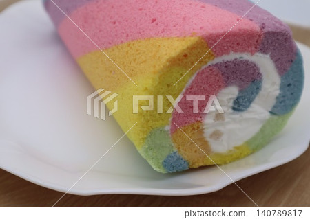 Close-up of a colorful roll cake Close-up of a colorful roll cake 140789817