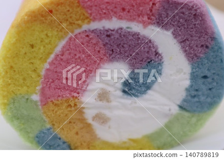 Cross-section of a colorful roll cake Cross-section of a colorful roll cake 140789819