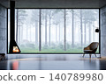 3d render of a modern luxury living room with panoramic glass wall overlooking a misty pine forest, 140789980