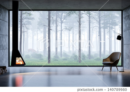3d render of a modern luxury living room with panoramic glass wall overlooking a misty pine forest, 3d render of a modern luxury living room with panoramic glass wall overlooking a misty pine forest, 140789980