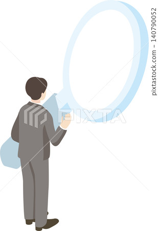 Isometric illustration of a businessman investigating with a large magnifying glass. (Image/Stock image related to analysis, search, and problem identification.) Isometric illustration of a businessman investigating with a large magnifying glass. (Image/Stock image related to analysis, search, and problem identification.) 140790052