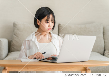 Middle school and high school girls studying at home using their computers (surprised, astonished, and having an epiphany) Middle school and high school girls studying at home using their computers (surprised, astonished, and having an epiphany) 140790137