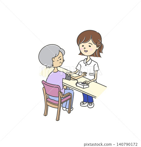 護理師正在為老年人測量血壓的插圖 / 自動血壓計 護理師正在為老年人測量血壓的插圖 / 自動血壓計 140790172