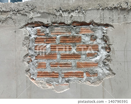 Exposed brick, damaged wall, cement, plaster with rough construction texture Exposed brick, damaged wall, cement, plaster with rough construction texture 140790391