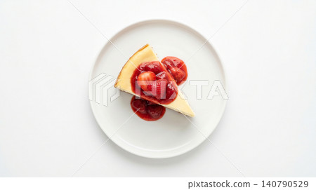 Single slice of strawberry cheesecake on a white plate with cheesecake strawberry delicious culinary isolated homemade minimalist presentation background lighting gastronomy indulgence 140790529