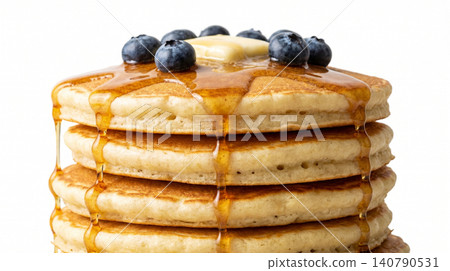 Stack of fluffy pancakes with blueberries and maple syrup pancakes blueberries breakfast homemade culinary isolated background delicious 140790531