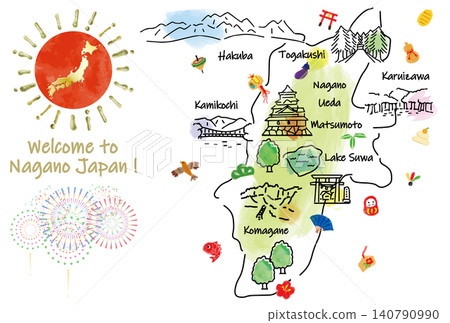 一張長野縣旅遊景點和吉祥物地圖,配有可愛的手繪插圖。 一張長野縣旅遊景點和吉祥物地圖,配有可愛的手繪插圖。 140790990