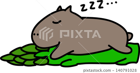 A cute, hand-drawn illustration of a capybara sleeping on asparagus. 140791028