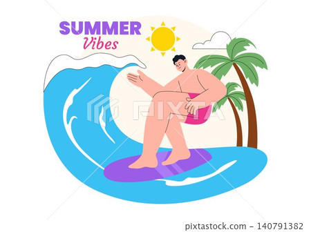Summer Vibes Vector Illustration Featuring Tropical Beach Vacation, Surfing Adventure, Relaxing Holiday, Palm Trees, Sunshine, and Coastal Lifestyle Summer Vibes Vector Illustration Featuring Tropical Beach Vacation, Surfing Adventure, Relaxing Holiday, Palm Trees, Sunshine, and Coastal Lifestyle 140791382