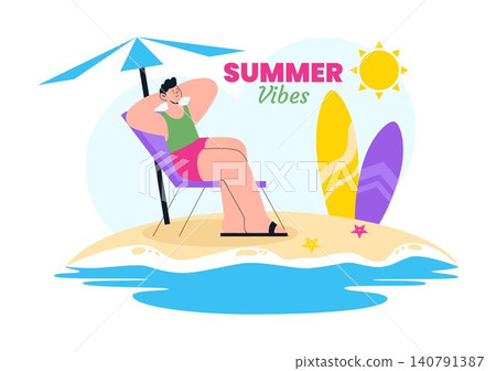 Summer Vibes Vector Illustration Featuring Tropical Beach Vacation, Surfing Adventure, Relaxing Holiday, Palm Trees, Sunshine, and Coastal Lifestyle Summer Vibes Vector Illustration Featuring Tropical Beach Vacation, Surfing Adventure, Relaxing Holiday, Palm Trees, Sunshine, and Coastal Lifestyle 140791387