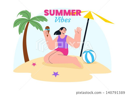 Summer Vibes Vector Illustration Featuring Tropical Beach Vacation, Surfing Adventure, Relaxing Holiday, Palm Trees, Sunshine, and Coastal Lifestyle Summer Vibes Vector Illustration Featuring Tropical Beach Vacation, Surfing Adventure, Relaxing Holiday, Palm Trees, Sunshine, and Coastal Lifestyle 140791389