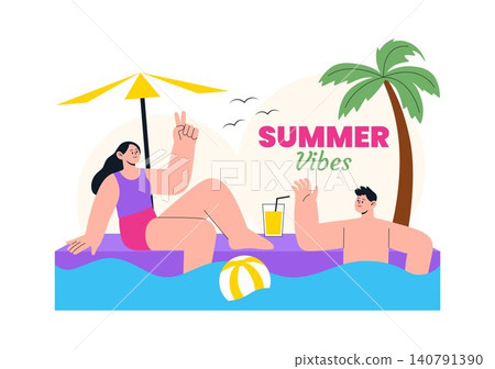 Summer Vibes Vector Illustration Featuring Tropical Beach Vacation, Surfing Adventure, Relaxing Holiday, Palm Trees, Sunshine, and Coastal Lifestyle Summer Vibes Vector Illustration Featuring Tropical Beach Vacation, Surfing Adventure, Relaxing Holiday, Palm Trees, Sunshine, and Coastal Lifestyle 140791390