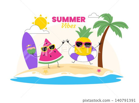 Summer Vibes Vector Illustration Featuring Tropical Beach Vacation, Surfing Adventure, Relaxing Holiday, Palm Trees, Sunshine, and Coastal Lifestyle 140791391