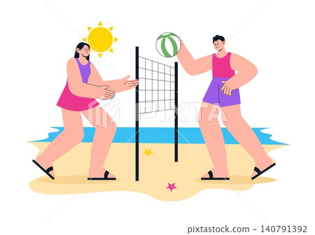Summer Vibes Vector Illustration Featuring Tropical Beach Vacation, Surfing Adventure, Relaxing Holiday, Palm Trees, Sunshine, and Coastal Lifestyle 140791392