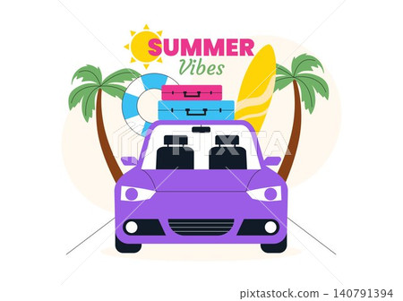Summer Vibes Vector Illustration Featuring Tropical Beach Vacation, Surfing Adventure, Relaxing Holiday, Palm Trees, Sunshine, and Coastal Lifestyle 140791394