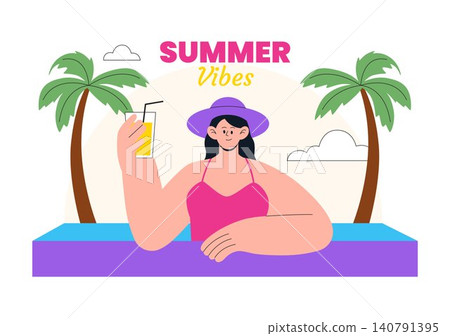 Summer Vibes Vector Illustration Featuring Tropical Beach Vacation, Surfing Adventure, Relaxing Holiday, Palm Trees, Sunshine, and Coastal Lifestyle Summer Vibes Vector Illustration Featuring Tropical Beach Vacation, Surfing Adventure, Relaxing Holiday, Palm Trees, Sunshine, and Coastal Lifestyle 140791395