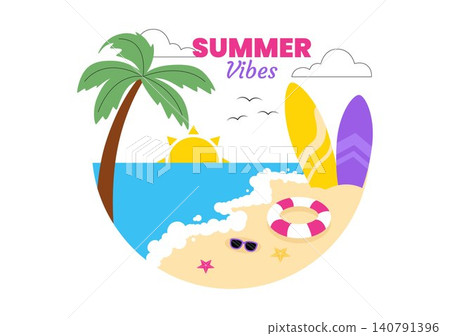 Summer Vibes Vector Illustration Featuring Tropical Beach Vacation, Surfing Adventure, Relaxing Holiday, Palm Trees, Sunshine, and Coastal Lifestyle 140791396