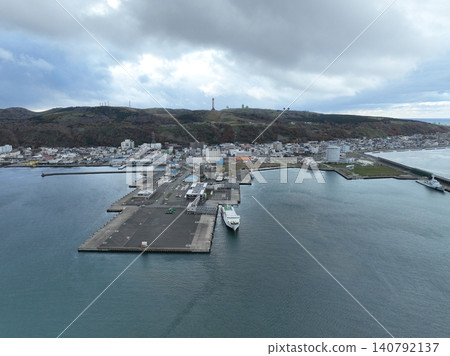 <Bird's-eye view> Wakkanai town, port, and ships 140792137