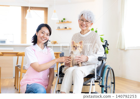 Caregiving: Senior woman and caregiver loving a dog Caregiving: Senior woman and caregiver loving a dog 140792253