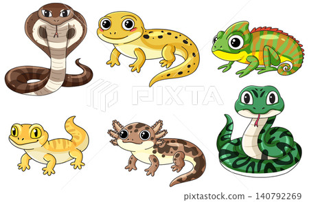 Collection of Cute Cartoon Reptiles and Amphibians Vector Illustration Set Collection of Cute Cartoon Reptiles and Amphibians Vector Illustration Set 140792269