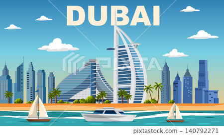 Flat Vector Illustration of Dubai Skyline with Beach and Boats 140792271