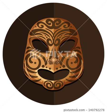 Traditional Tribal Mask with Ornamental Patterns on Dark Background Traditional Tribal Mask with Ornamental Patterns on Dark Background 140792278