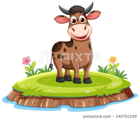 Cartoon Cow Standing on Grassy Island with Flowers Cartoon Cow Standing on Grassy Island with Flowers 140792289