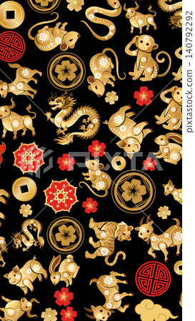 Golden Chinese Zodiac Animals Seamless Pattern on Black Background Golden Chinese Zodiac Animals Seamless Pattern on Black Background 140792292