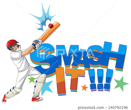Dynamic Cricket Batsman Hitting Ball with Smash It Typography Design Dynamic Cricket Batsman Hitting Ball with Smash It Typography Design 140792296