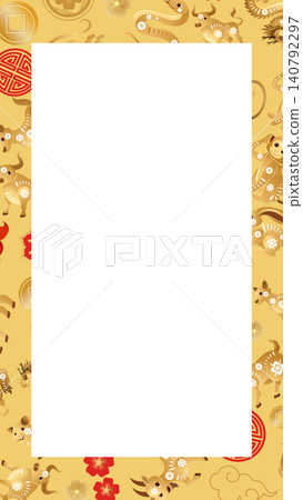 Lunar New Year Gold Zodiac Animals and Red Flowers Vertical Frame Lunar New Year Gold Zodiac Animals and Red Flowers Vertical Frame 140792297